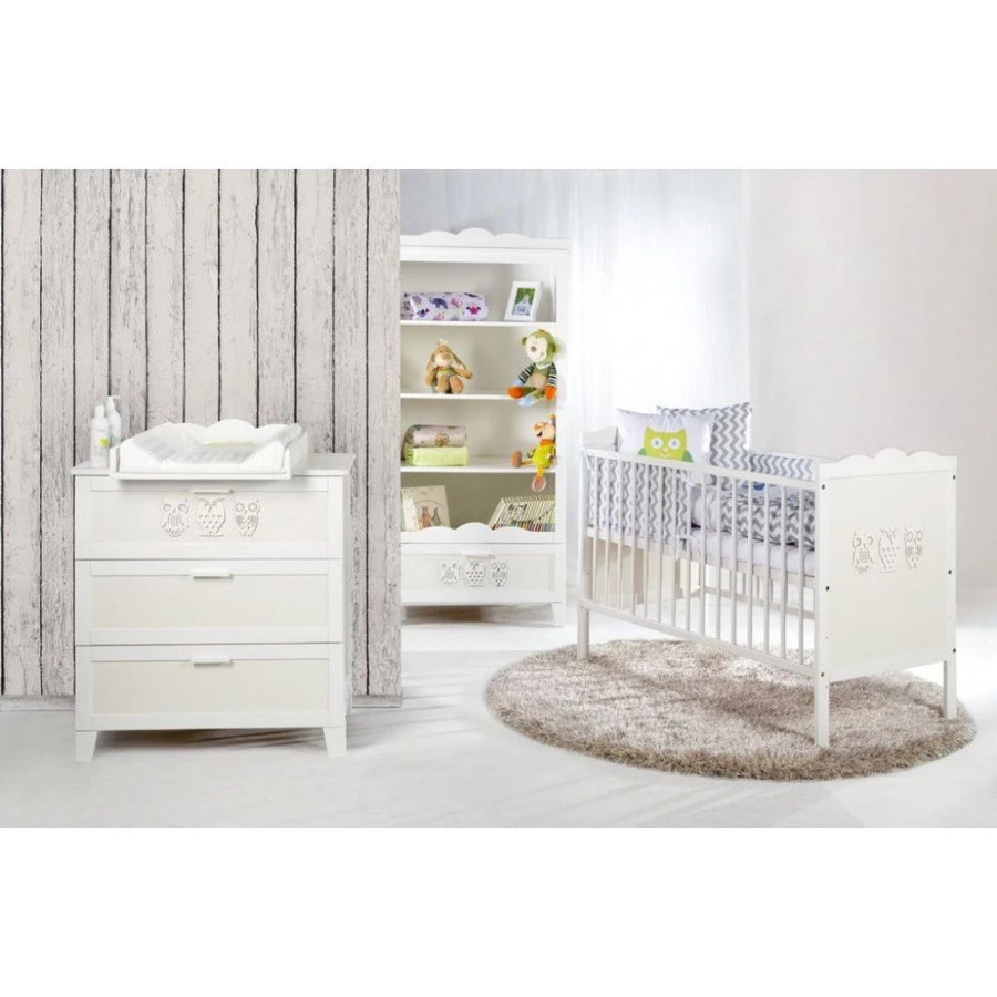 Babykamer Uil Wit: Ledikant, Commode En Open Kast 3 Babykamer Uil Wit: Ledikant, Commode En Open Kast